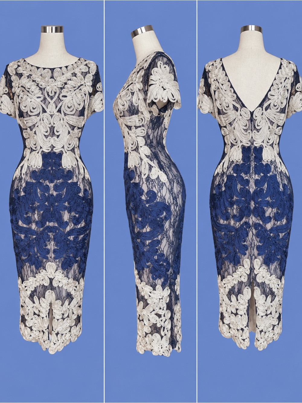 JS Collections Navy and Cream Lace-Overlay Midi Sheath Dress